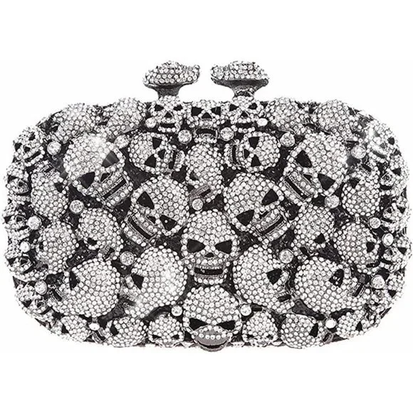 NWT Sparkling Bling Crystal Rhinestone Skull Clutch Purse Silver Gold +F… - Picture 3 of 11